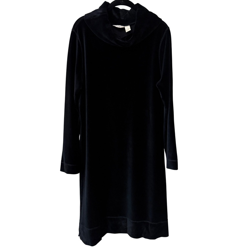 Vintage J. Jill Women Cowl Neck Ribbed Velour Dress 90s Minimalist Large Black